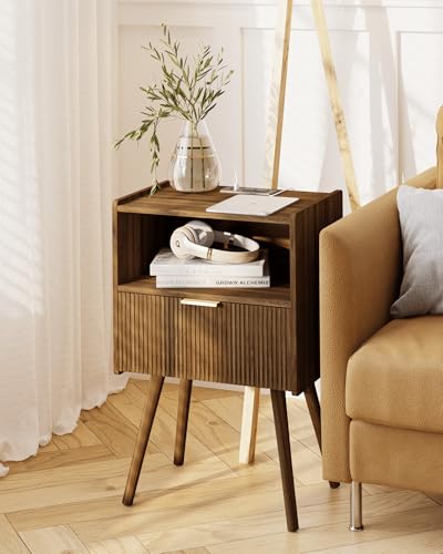 JOONEE Nightstand with Outlet,Modern Bedside Table with Storage Drawer and Open Wood Shelf, for Living Room, Bedroom and Small Spaces, Accent Night Stand with Solid Wood Legs, Easy Assembly,Brown - color: Walnut Brown-outlet
