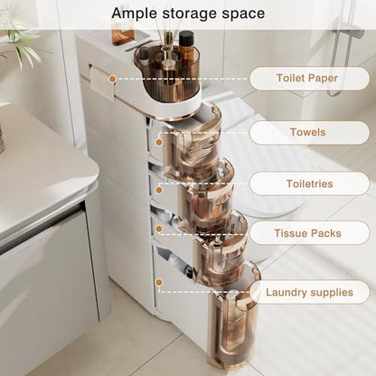 VECELO 4-Tier Slim Bathroom Storage Cabinet with Wheels, Skinny Bathroom Storage Cabinet with Drawers, Toilet Paper Holder, Movable Narrow Floor Cabinet for Small Space, Bathroom - size: 16.14" x 6.69" x 34.84"