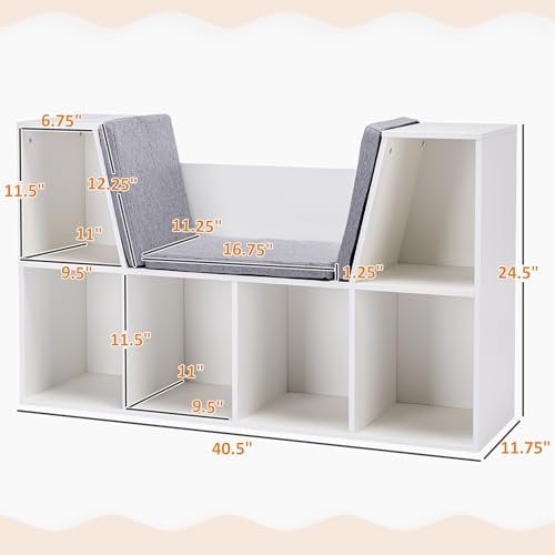 HOMCOM 6-Cubby Kids Bookcase with Reading Nook and Cushion, Multi-Purpose Storage Organizer for Bedroom, Living Room, Pure White - color: White