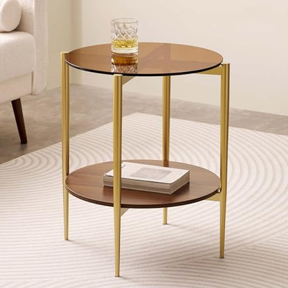 LumFurn Round Glass End Table, Mid-Century Modern Design Sofa Table for Living Room, D18 x H23, 2-Tier Structure, Amber Glass Top and Walnut Shelf, Sleek Conical Legs with Gold Finish Frame - color: Amber & Walnut, size: D18" Round End Table