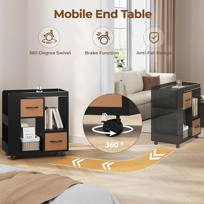 Yaheetech Narrow Side Table with Storage, Wooden Rolling Nightstand Bedside Table with Wheels, Magazine Racks and Open Shelves, End Table with Drawers for Living Room Bedroom, Black - color: Black
