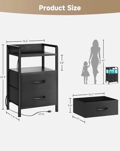 Lazzanto Night Stand Bedside Charger Bedroom - Nightstand with Charging Station & LED Light Strip, Night Stand with Storage Shelf & 2 Fabric Drawers, Morden End Table with U-S-B Ports & AC Outlets