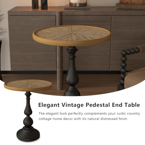 vistavie 23" Retro Round End Table French Country Wood Metal Pedestal | Durable Metal Legs, Raised Rim Design, Distinctive Aged Finish, Living Room Easy Assembly - color: Nature Set of 1