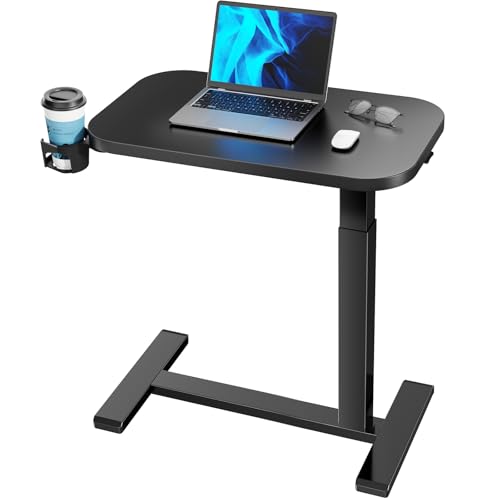 HUANUO 28Inch Bedside Table with Wheels, Height-Adjustable Rolling Computer Cart, Overbed Table with Cup Holder, Pneumatic Laptop Standing Desk for Home Office, Black - color: Black, size: Small-28 Inch