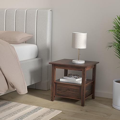 SIMPLIHOME Warm Shaker End Table - 20" Wide x 20" High Solid Wood Side Table in Distressed Charcoal Brown, Transitional Accent Table for Living Room with Drawer, Open Shelf and Square Tapered Legs - color: Distressed Charcoal Brown, size: 20 inch, style: