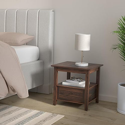 SIMPLIHOME Warm Shaker End Table - 20" Wide x 20" High Solid Wood Side Table in Distressed Charcoal Brown, Transitional Accent Table for Living Room with Drawer, Open Shelf and Square Tapered Legs - color: Distressed Charcoal Brown, size: 20 inch, style: