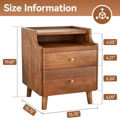 Nightstand with Drawers, Pre-Assembled, 19.7" H Natural Solid Wood Night Stand with Open Sliding Shelf, Mid Century Modern Small Bedside Table Cabinet for Bedroom, Walnut, 16" - color: Walnut, size: 16"