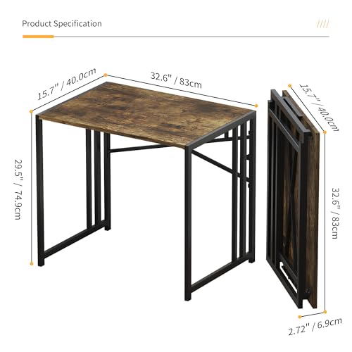 Lutown-Teen 32 inch Small Folding Computer Desk, Writing Gaming Computer Desk for Small Spaces, No Assembly Required Home Office Desk, Rustic Brown - color: Rustic Brown, size: 32 Inch