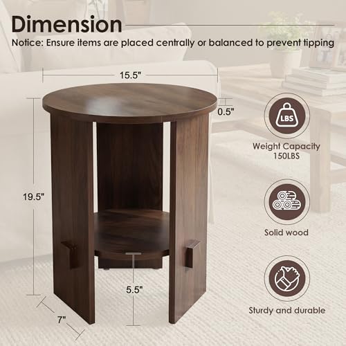 Round End Table with 2-Tier Storage Set of 2, 15.5” Small Side Table for Living Room, Modern Nightstand with Open Shelf, Compact Accent Table for Bedroom, Sofa Side, Small Spaces (Walnut) - color: Walnut