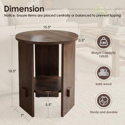 Round End Table with 2-Tier Storage Set of 2, 15.5” Small Side Table for Living Room, Modern Nightstand with Open Shelf, Compact Accent Table for Bedroom, Sofa Side, Small Spaces (Walnut) - color: Walnut