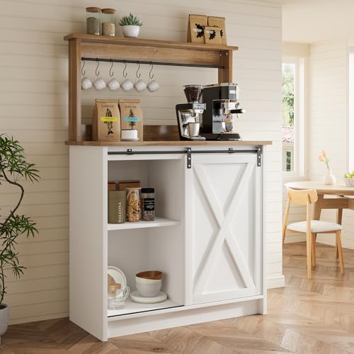 4ever2buy Farmhouse Coffee Bar Cabinet with Storage, White Coffee Bar with Hutch and 6 Hooks, 31.5 Inch Hutch Cabinet with Sliding Barn Door and Adjustable Shelves for Living Room - color: White, size: 31.5Inch