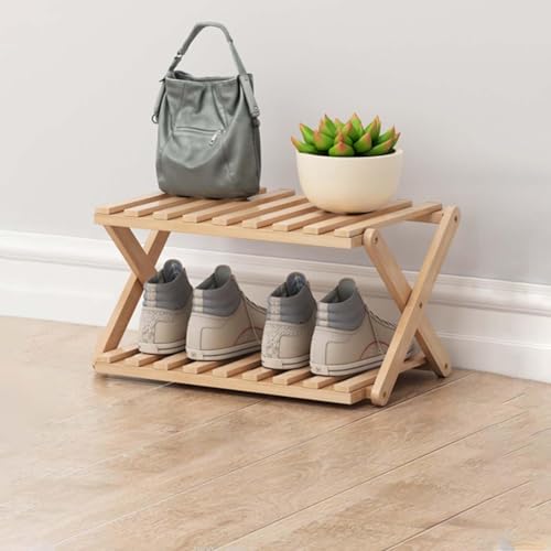 2 Tier Bamboo Shoe Rack,Portable Folding Shoe Storage Rack,Without Installation Small Shoe Rack Perfect for Corridors, Bedrooms and Small Spaces (2 Tier) - color: Natural, size: 2 Tier