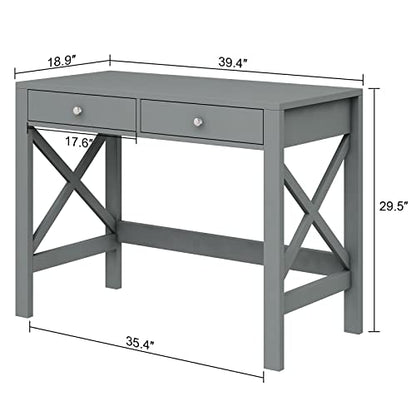 ChooChoo 40 Inches Farmhouse Computer Desk with 2 Drawers | Wooden Writing Desk, Study Desk for Home Office, Makeup Vanity, Grey - color: Grey, size: 40inch without Power Outlet