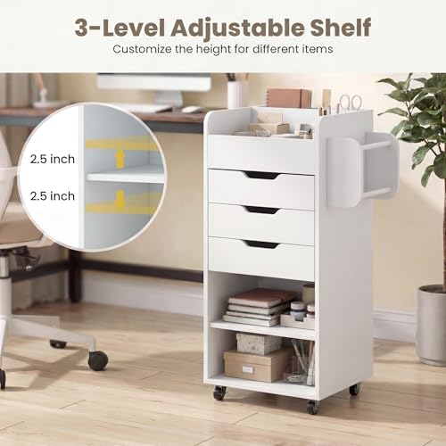 Tangkula Rolling Storage Drawer Cart, Home Office Mobile Drawer Cart, Wooden Utility Cart Storage Cabinet w/ 3 Drawers & 3 Open Storage Shelves, Paper Organizer w/Lockable Casters