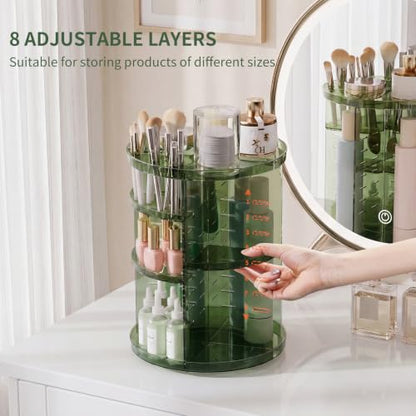 Rotating Makeup Organizer with DIY 8 Adjustable Layers, Clear Green | Spinning Skincare Storage, Cosmetic Display Case with Brush Holder and Perfume Tray - color: Clear Green