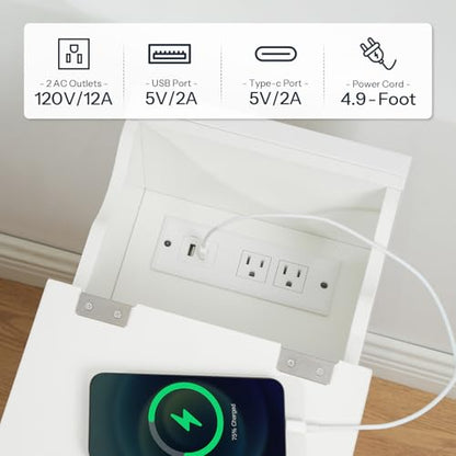 HOOBRO End Table with Charging Station, Narrow Side Table, Flip Top Nightstand with USB Ports and Outlets, Bedside Tables with Shelf for Small Spaces, Living Room, White WT341BZ01 - color: White