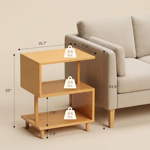 Apicizon S-Shaped Side Table, 3-Tier Nightstand with Solid Wood Legs, Slim Bedside Table with Storage Shelf, Modern End Table for Small Spaces, Bedroom, Living Room, Entryway, Natural - color: Natural