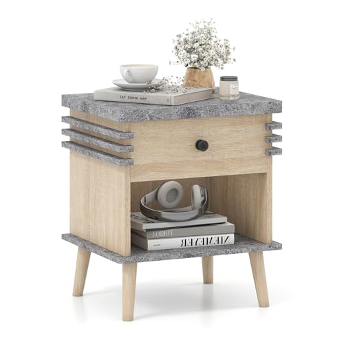 Giantex Modern Nightstand, 3-Tier Bedside Table with Drawer, Open Shelf & Rubber Wood Legs, Color Blocking Sofa Side End Table, Faux Marble Night Stand for Bedroom, Grey & Natural