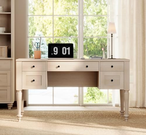 WAMAPT Elegant Executive Desk with Storage, Farmhouse Writing Desk with Charging Station, Wood Home Office Desk with Drawer, Cabinet & Shelf for Study, 56 Inch, Beige - color: Beige