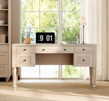 WAMAPT Elegant Executive Desk with Storage, Farmhouse Writing Desk with Charging Station, Wood Home Office Desk with Drawer, Cabinet & Shelf for Study, 56 Inch, Beige - color: Beige
