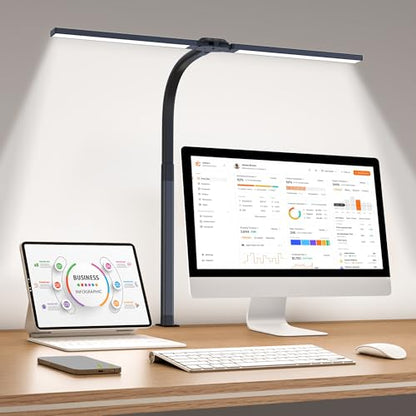 LED Desk Lamp for Home Office, Eye-Caring Desk Light with Clamp, 24W Double Head Architect Task Lamp Stepless Dimming, Flexible Gooseneck Bright Table Lamp for Study Reading Workbench Drafting