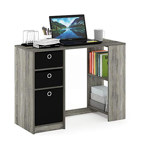 Furinno JAYA Desk, 39.4" Wide Gaming Desk with Drawer Bins, Computer Desk with Side Book Shelf, Writing Desk, Office Desk for Home Office, Study Room, Dorm, Bedroom, French Oak - color: French Oak/Black, size: With Bin Storage, 39.4 in. x 15.7 in.