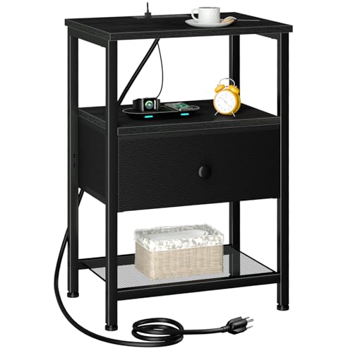 LOAKEKEL Night Stand, Nightstand with Charging Station, Slim Industrial Bedside Table with Fabric Drawer, Small End Table with USB & Type-C Ports for Bedroom, Black, HETS010BK-1 - color: Black, style: One-drawer