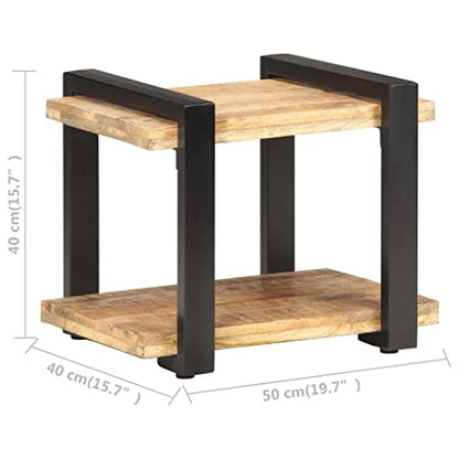 Industrial Bedside Cabinet, Natural Rough Mango Wood End Table, 19.7x15.7x15.7 inch Nightstand for Bedroom, Living Room, Durable Iron Frame, Brown Finish Bedside Furniture