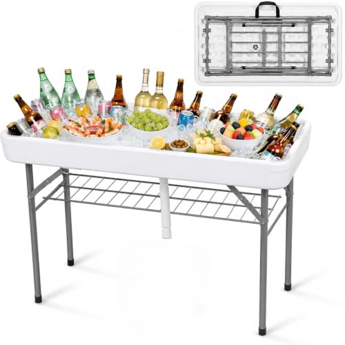 4 Feet Folding Ice Cooler Table with Drain Plug and Wire Shelf | Easy Drainage System, Foldable Legs, Deep Ice Bin, Polyethylene Tabletop, Tailgate & Camping Use