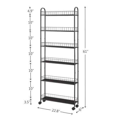 6 Tier Slim Rolling Storage Cart, Mobile Shelving Unit with Wheels, Metal Wire Storage Rack with Baskets for Kitchen Bathroom Office Laundry Narrow Piaces (6in Slim Rolling Cart) - size: 6in Slim Rolling Cart