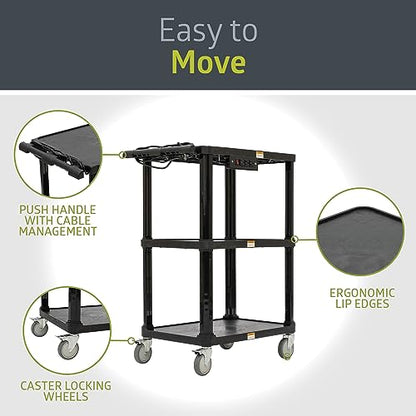 Pearington 3-Shelf Mobile Utility Cart with 3 Outlets and 8' Cord, Heavy-Duty Service Cart for Offices and Warehouses with 3 Shelves, Black - size: 1 Pack