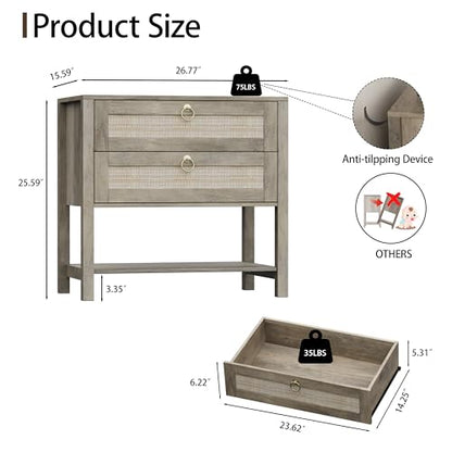Xixini Rattan Nightstand with 2 Drawers and Open Shelf, 27" Wide Boho Bedside Table with Brass Knobs, Mid-Century Modern Wooden End Table for Bedroom, Grey - color: Grey