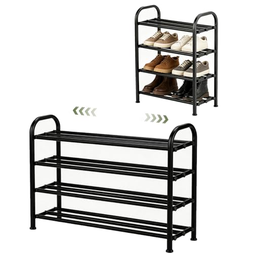 4-Tier Expandable Shoe Rack, Stackable and Adjustable Shoes Organizer Storage Shelf, Sturdy and Durable Metal Structure Free Standing Shoe Rack for Closet Entryway Doorway - color: 4-tier