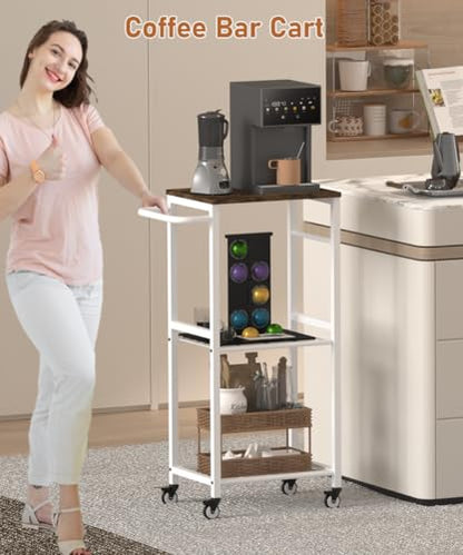 Kitchen Microwave Stand Cart with Storage Rack, 3-Tier Rolling Kitchen Side Table on Wheels with 8 Hooks, Utility Small Coffee Shelf Organizer for Living Room, Bedroom, Bathroom, Office, White