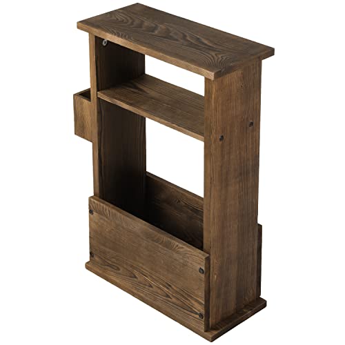 MyGift 24 Inch Tall Rustic Burnt Wood End Table with Remote Control Holder, Storage Shelf, and Magazine Rack, Wooden Narrow Living Room Couch Side Accent Furniture - color: Burnt Wood