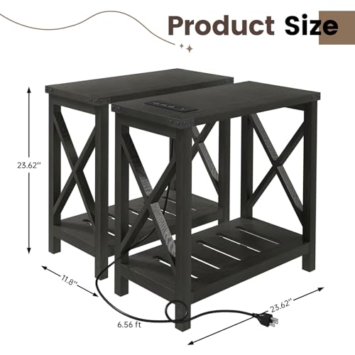 Hadulcet Farmhouse End Tables Living Room Set of 2 - Narrow Side Table with Charging Station, Slim Nightstand for Small Space, Skinny Bedside Table, Sofa Side Table with Storage Shelf, Black - color: Classic Black