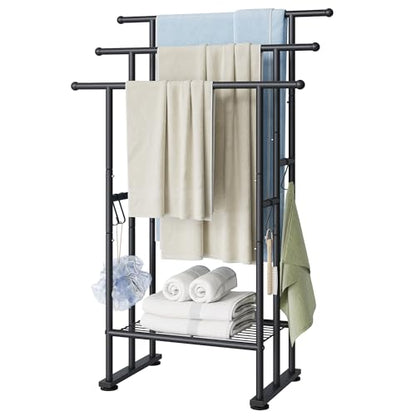 ELYKEN 3 Tier Standing Towel Rack, 40'' Tall Towel Drying Rack Outdoor, Freestanding Floor Towel Rack with Shelf, Pool Towel Blanket Stand, Metal Towel Racks for Bathroom freestanding, Matte Black - color: Black
