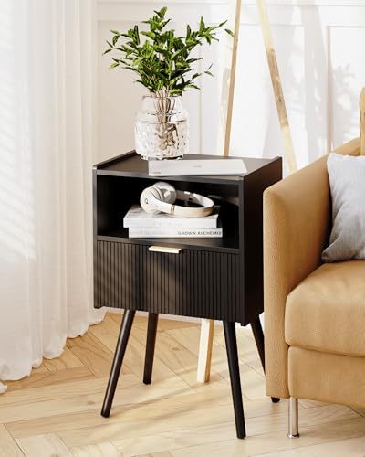 JOONEE Black Nightstand,Modern Bedside Table with Storage Drawer and Open Wood Shelf, for Living Room, Bedroom and Small Spaces, Accent Night Stand with Solid Wood Legs, Easy Assembly,Classic Black - color: Black