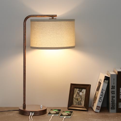 Vintage Table Lamp, Fully Dimmable Bedside Lamp with C+A USB Charging Ports | 25" Farmhouse Bedside Lamp Nightstand Light, Tall Reading Desk Lamp for Living Room Bedroom Office, LED Bulb Included - color: Antique Bronze