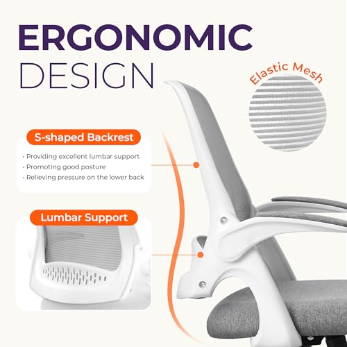 NEO CHAIR Office Desk Gaming Ergonomic Computer Chair with Lumbar Back Support Adjustable Height Swivel Rolling Wheels Flip-up Arms Mesh Chair for Home Vanity (Grey) - color: Grey