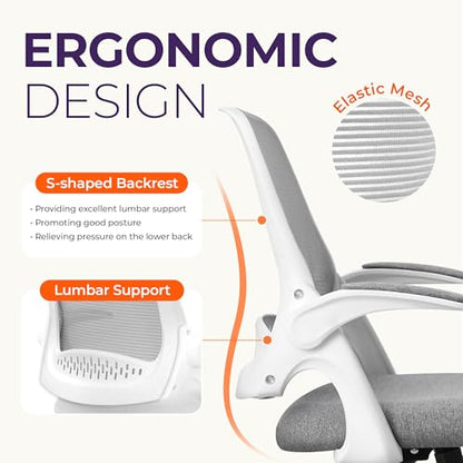 NEO CHAIR Office Desk Gaming Ergonomic Computer Chair with Lumbar Back Support Adjustable Height Swivel Rolling Wheels Flip-up Arms Mesh Chair for Home Vanity (Grey) - color: Grey