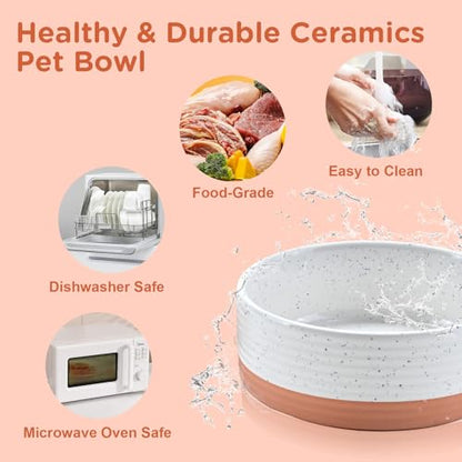 SPUNKYJUNKY Elevated Dog Bowls Ceramic, 6.1'' Dogs and Cat Food Water Bowls Raised with Non-Slip Bamboo Stand for Medium Sized Breed Microwave Dishwasher Safe - 28.7 OZ,Pattern White - color: Pattern White, size: 6.1 in - 3.6 cups