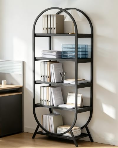 Bookshelf Arched Bookcase, Industrial 5 Tier Open Book Shelves with Metal Frame, 72" Tall Freestanding Display Rack for Home Office, Living Room, Black - color: Black, size: 5 Tier Arched