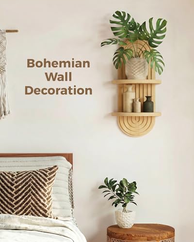 Bamworld Boho Wall Decor Plant Wall Shelf Mid Century Modern Decor Hanging 22in Plant Shelf 2-Tier Wooden Floating Shelves Natural | Mid Century Modern Decor Hanging Plant Shelf Wooden Floating Shelves for Home Bedroom Living Room Holding Planter Decorati