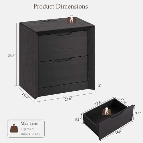 YANSNWO Black Nightstand with Charging Station, 23.6" Modern Bedside Table with Thickened Frame & Unique Panel, Mid Century Wood End Table for Bedroom, Living Room - color: Black, size: 15.6"D x 23.6"W x 23.6"H (2 Drawers)