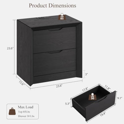 YANSNWO Black Nightstand with Charging Station, 23.6" Modern Bedside Table with Thickened Frame & Unique Panel, Mid Century Wood End Table for Bedroom, Living Room - color: Black, size: 15.6"D x 23.6"W x 23.6"H (2 Drawers)