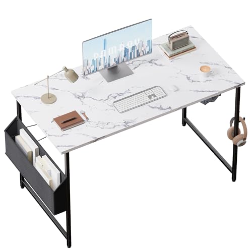 Pamray 47 Inch Computer Desk for Small Spaces with Storage Bag, Home Office Work Desk with Headphone Hook, Small Office Desk Study Writing Table - color: Marble, size: 47 Inch