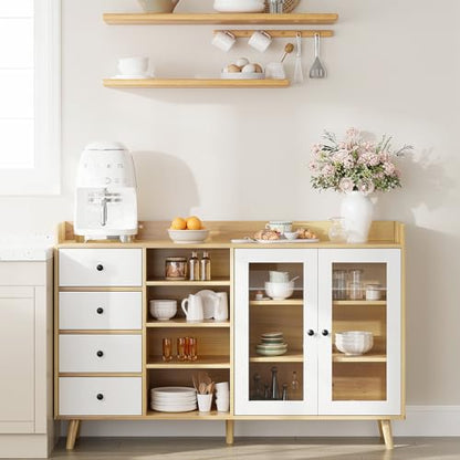 GarveeLife 55" Large Sideboard Buffet Cabinet with Storage, 30" Tall Modern Kitchen Storage Cabinet,Adjustbale Shelf, Coffee Bar, Long Accent Table for Dining Room, Living Room, Entryway, Natural Oak - color: Natural Oak