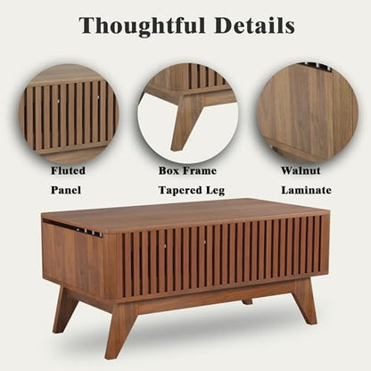 Lift Top Coffee Table with Hidden Compartment, Mid Century Modern Coffee Table for Living Room, Fluted Design Farmhouse Center Table with Storage (Walnut, 35.4" W) - color: Walnut