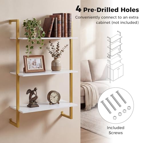 Giantex 3-Tier Wall-Mounted Bookshelf, Modern Floating Storage Display Shelves with Metal Frame, Wood Open Ladder Bookcase for Living Room, Home Office, Kitchen, White + Gold - color: White + Gold